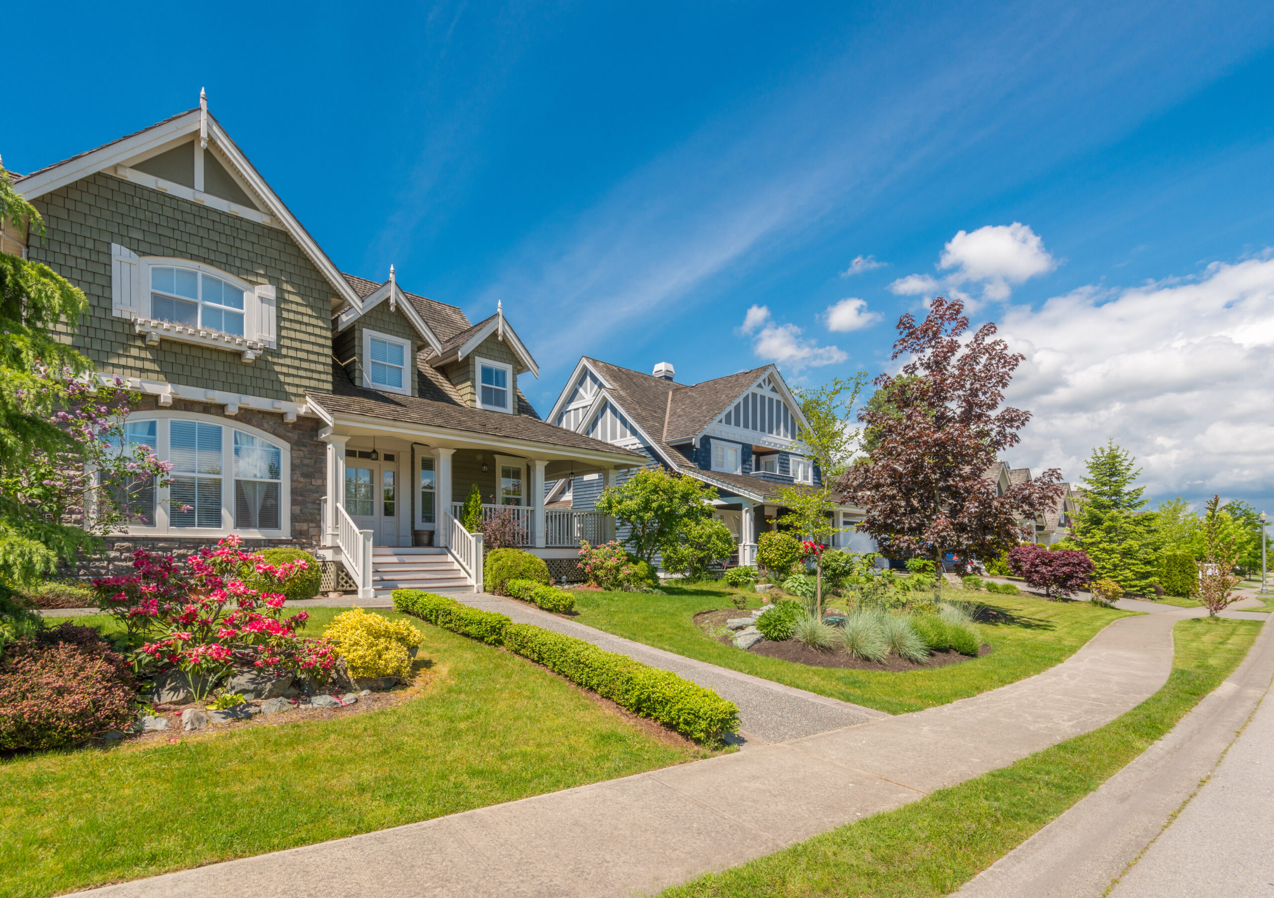 A perfect neighborhood. Houses in suburb at Spring in the north America