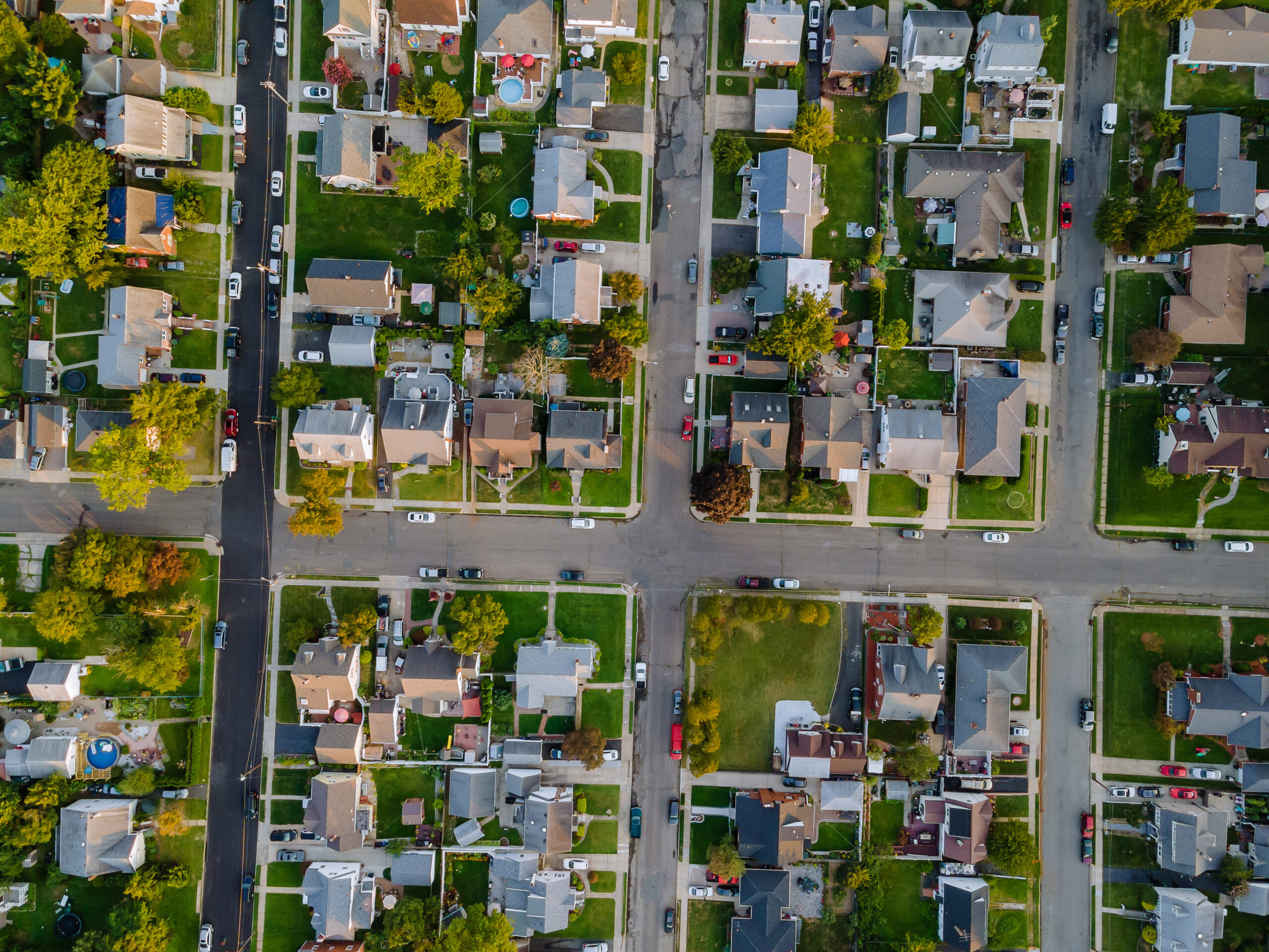 Panoramic view of view at sunset from the height roofs small town of houses of bird flight NJ USA